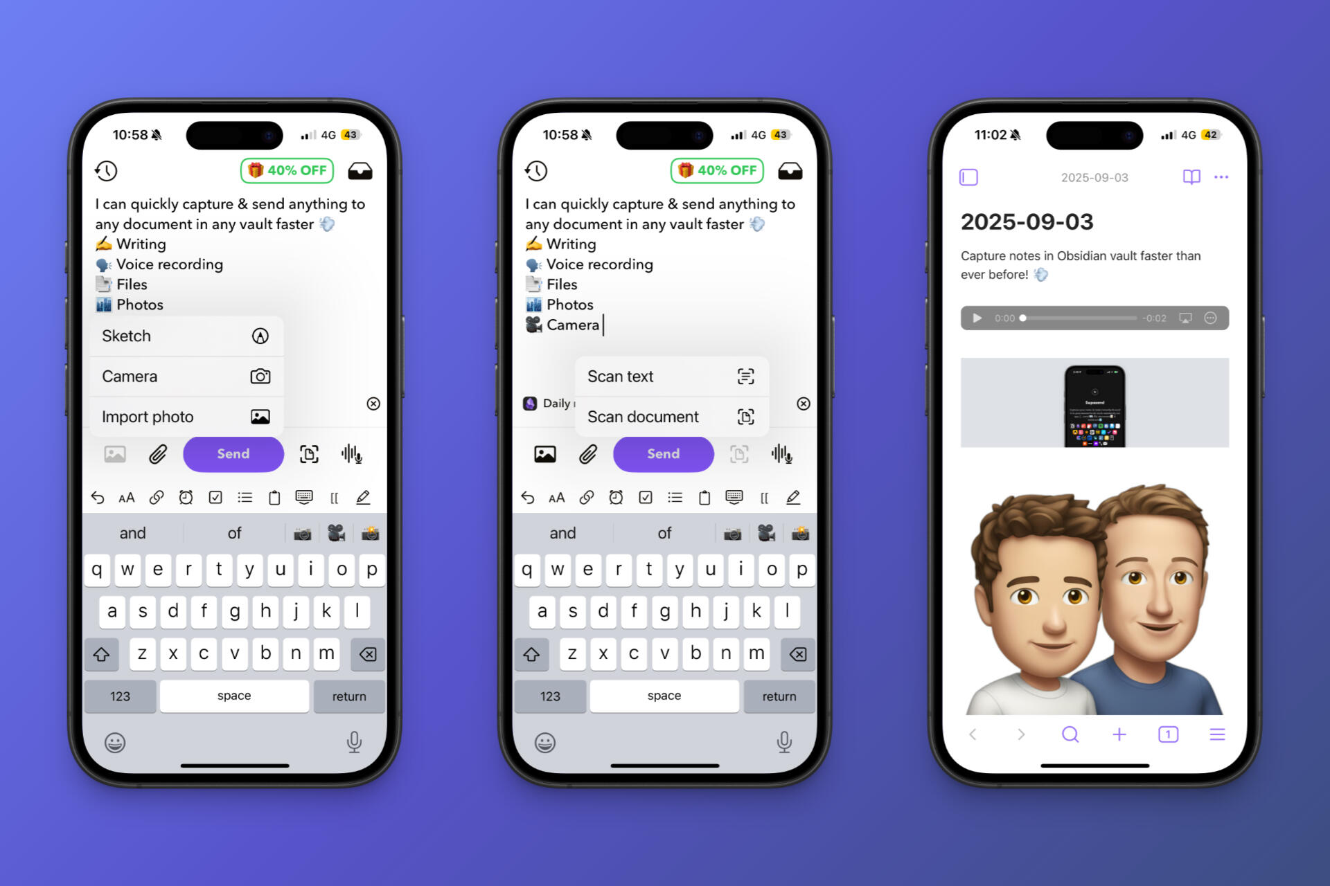Capture text, voice, photos and files into Obsidian